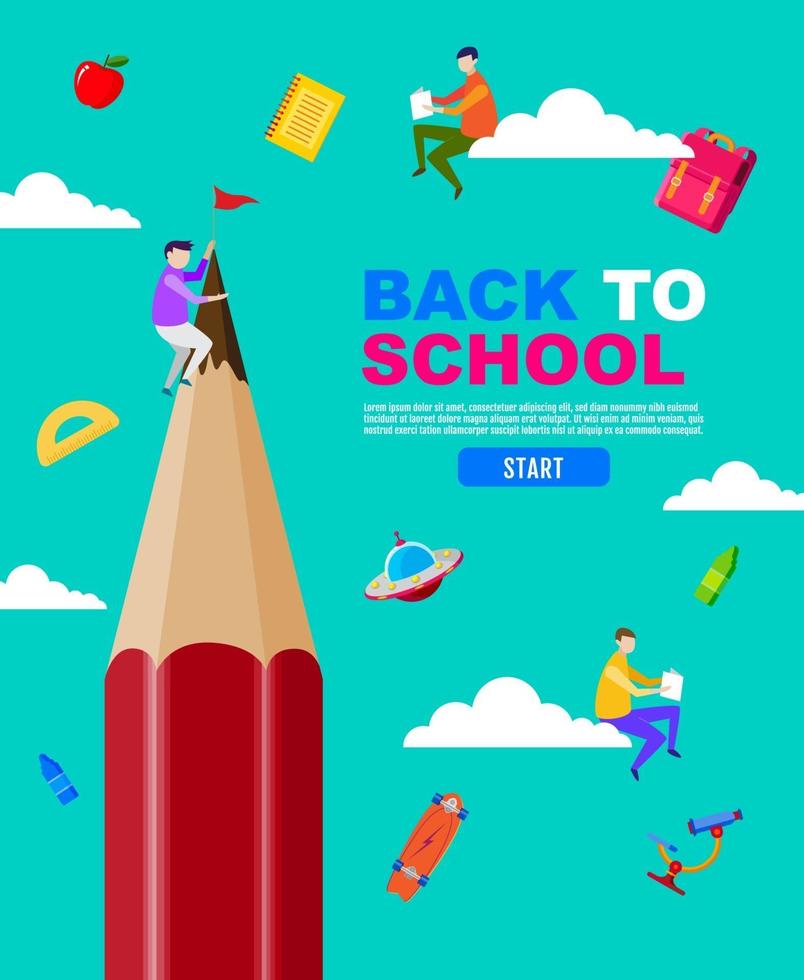 Back to school, read the book, big pencil and kids social distancing, flat design, vector illustration.