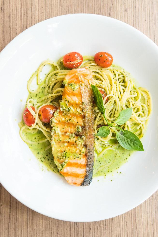 Spaghetti pesto salmon photo