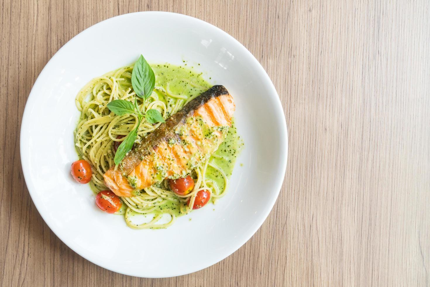 Spaghetti pesto salmon photo