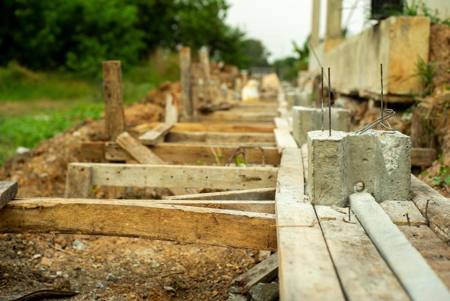 Selective focus picture of reinforcement steel of concrete structure at the construction site photo