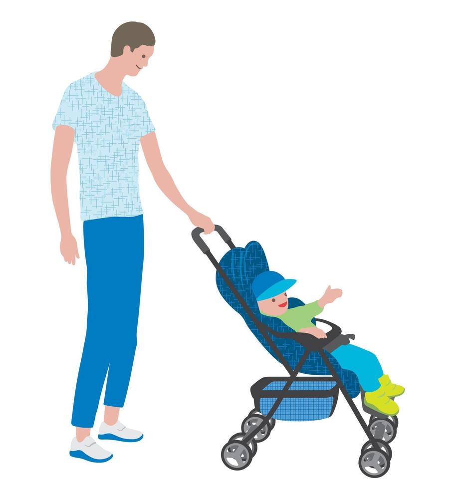 Father With A Baby In A Stroller, Vector illustration. Easy To Use Illustration Isolated On White Background.