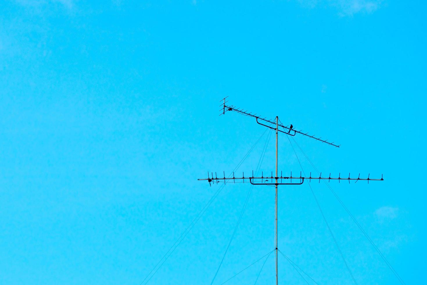 Rusted old steel antenna tower isolated on clear blue sky background with motion blurred bird holding on the bar photo