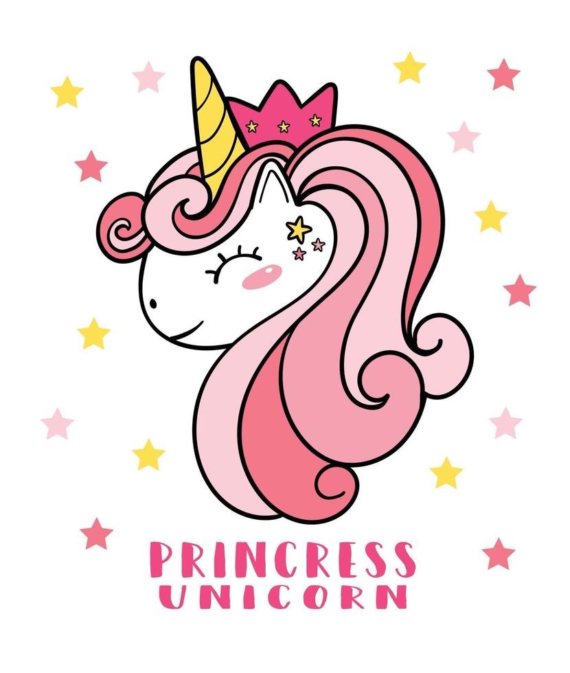 Linda cabeza de cara de unicornio pony rosa con corona, unicornio princress, ilustración de dibujos animados de doodle vector