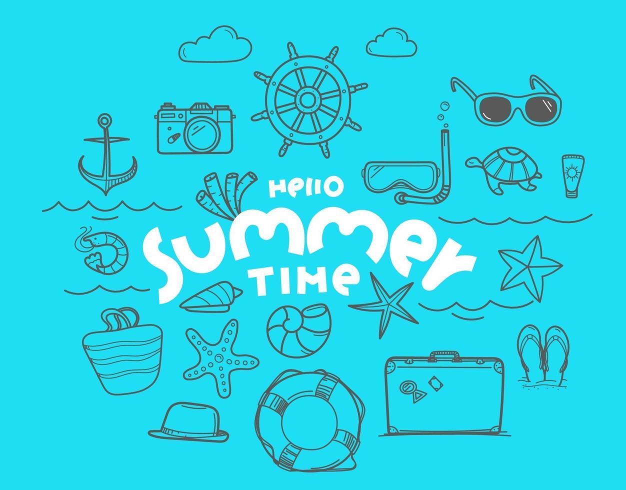 Hello summer time doodle vector elements with lettering inscription