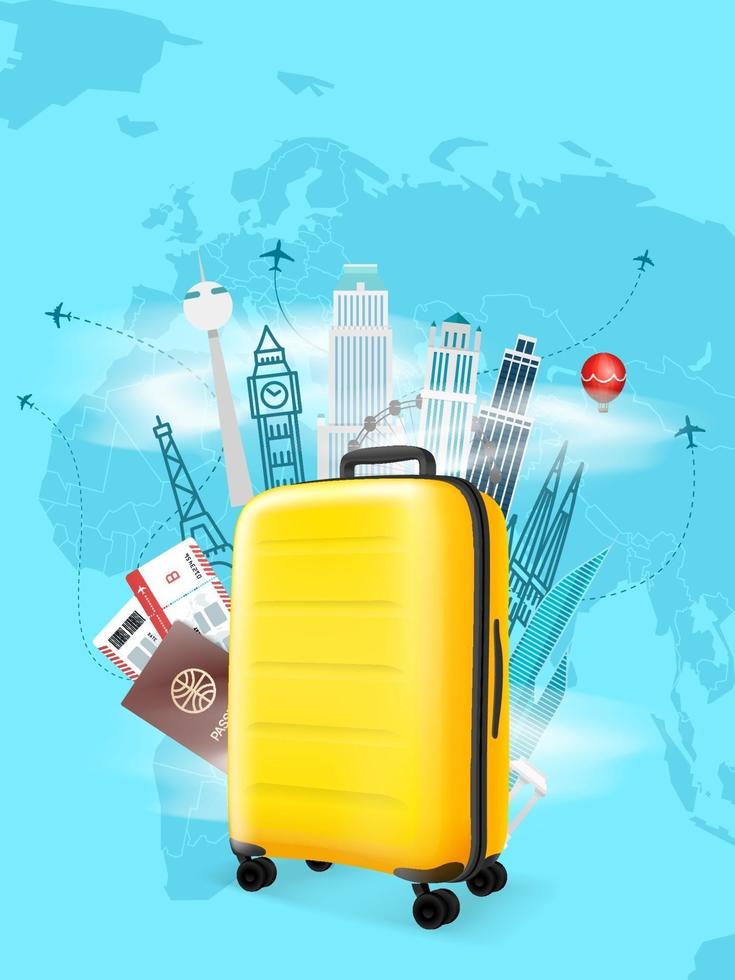 Travel destinations vector concept with yellow bag