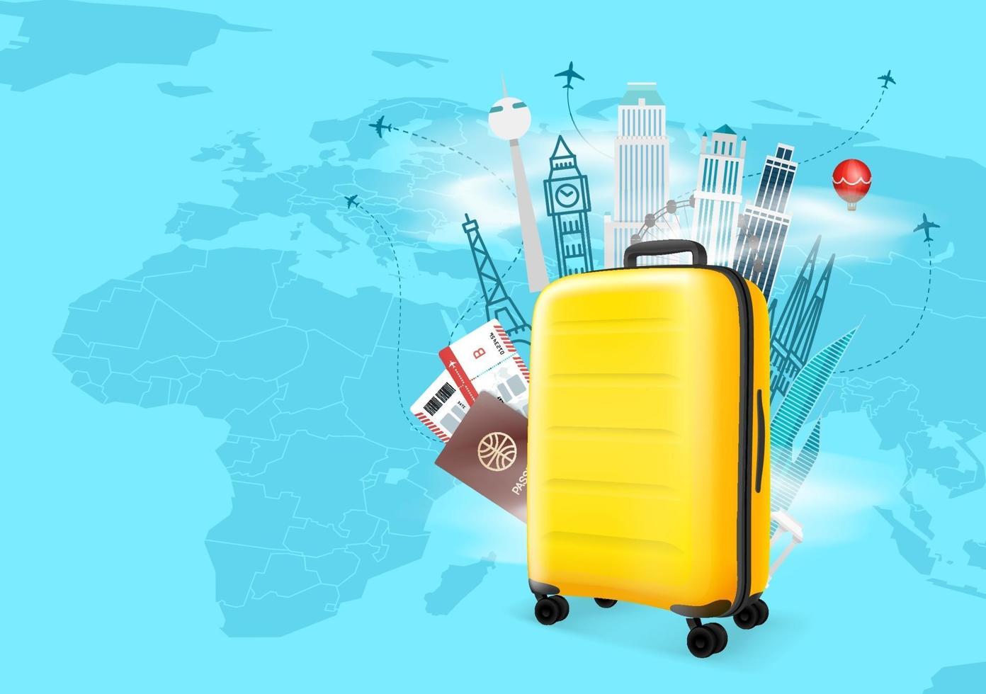 Travel destinations vector concept with yellow bag