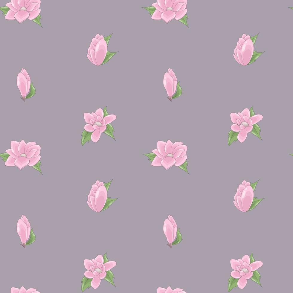 Vector seamless pattern of delicate pink flowers and green leaves on a dark background. Botanical digital paper.