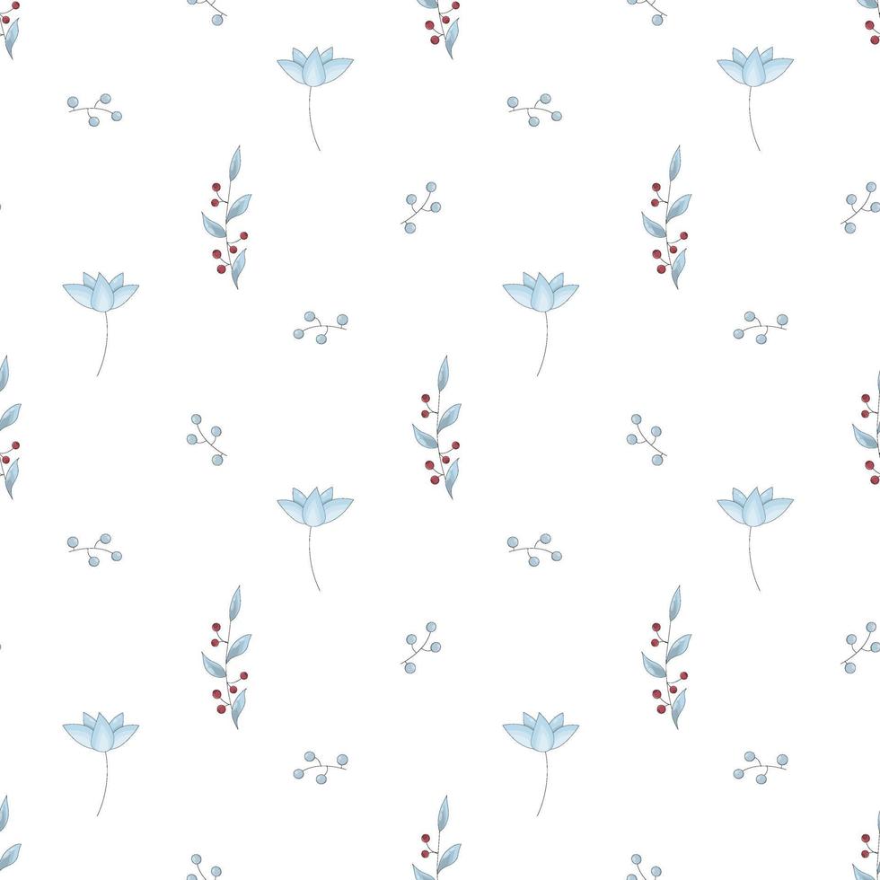 patrón transparente de vector de flores azules y frutos rojos. papel digital de nomeolvides estadounidense. adorno floral sobre fondo blanco