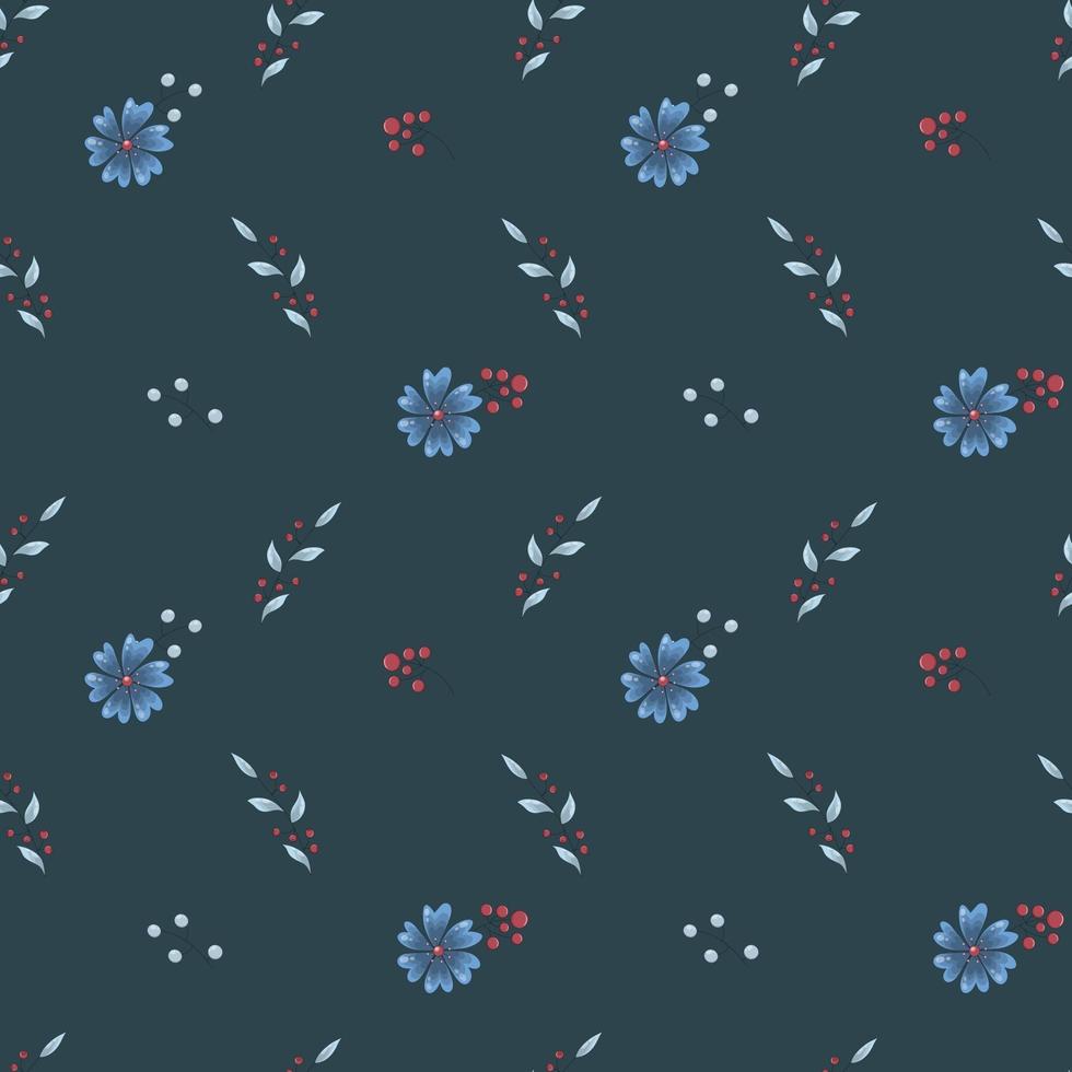 Vector seamless pattern of dark blue flowers, blue leaves and red berries on a dark background.