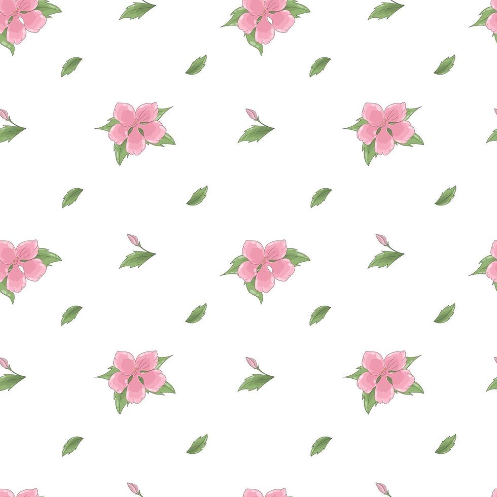 Vector seamless pattern of coral pink flowers and green leaves on a transparent background. Botanical ornament, digital paper.