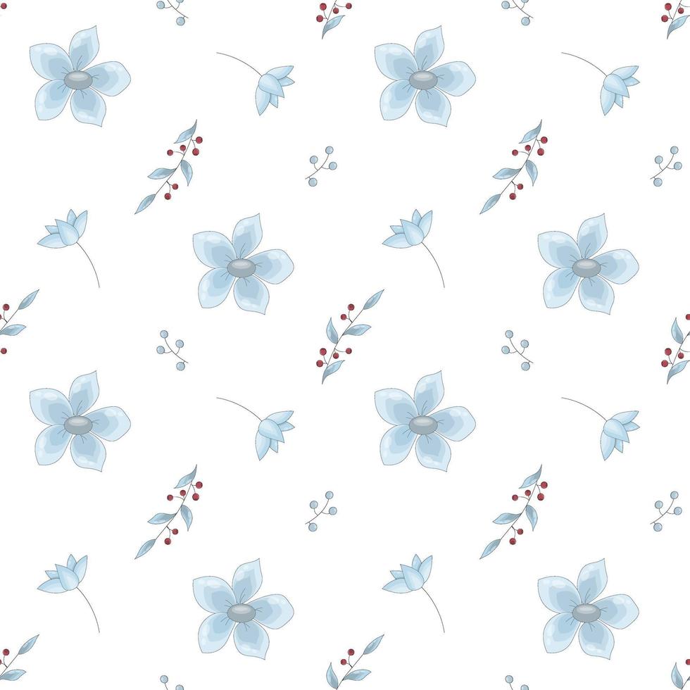 Vector seamless pattern from blue flowers and red berries. Digital paper from Nemophilus American forget me not. Myosotis wallpaper