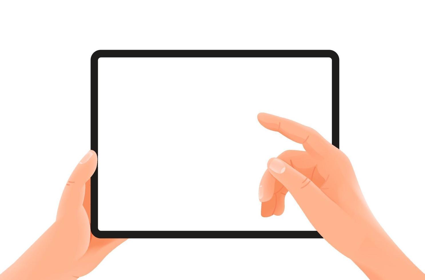 Tablet in hands. Finger pressing the button. Vector mockup isolated on white background