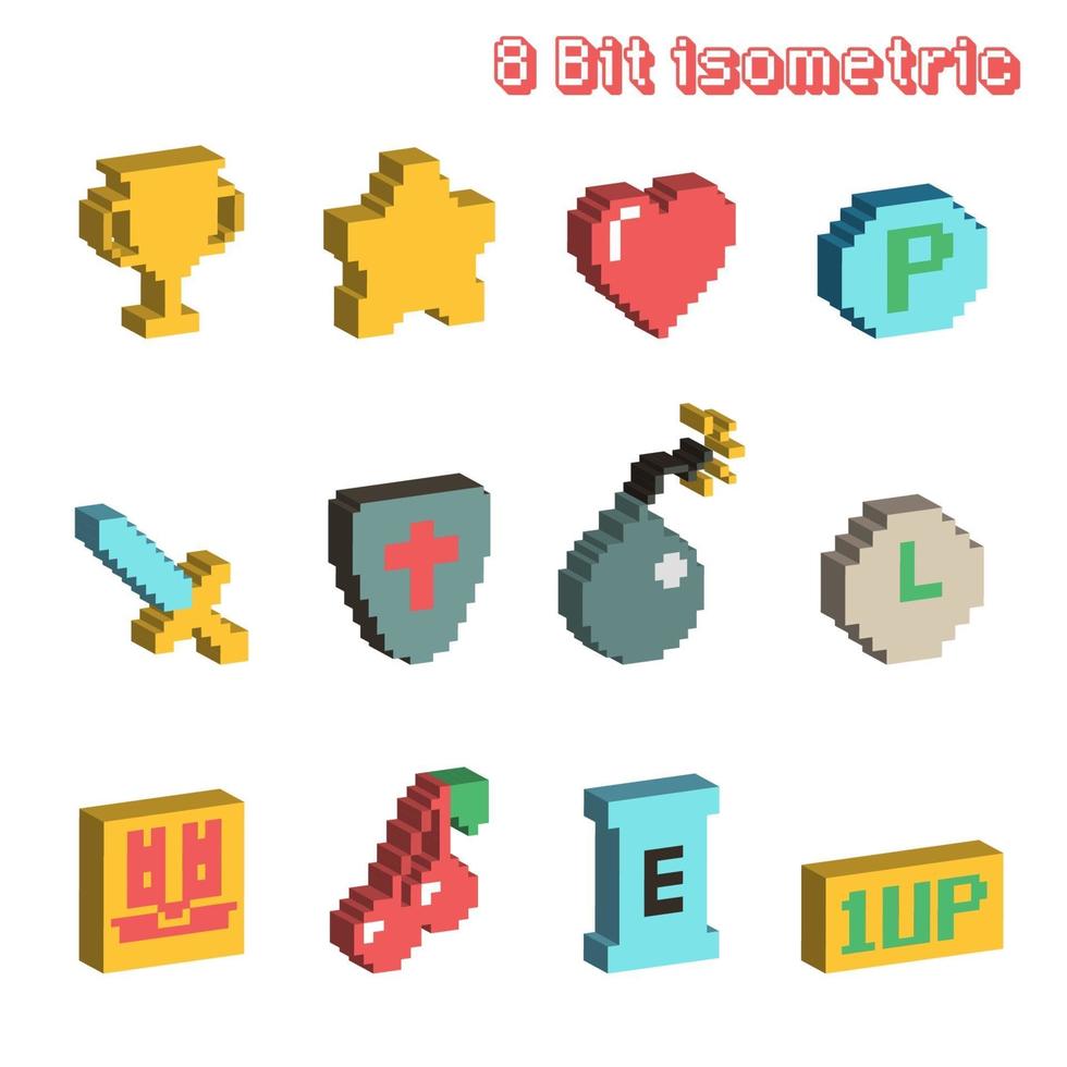 8 bit isometric icons vector