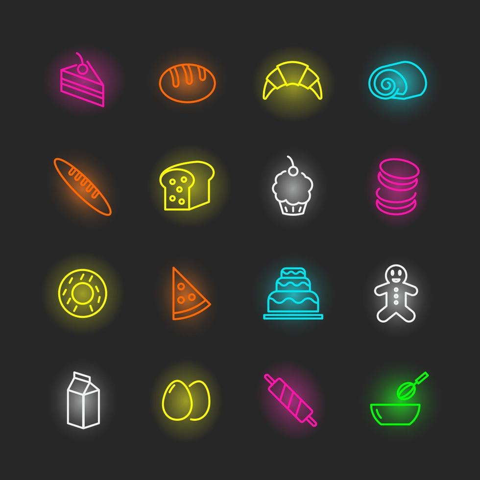 conjunto de iconos de neón de panadería vector