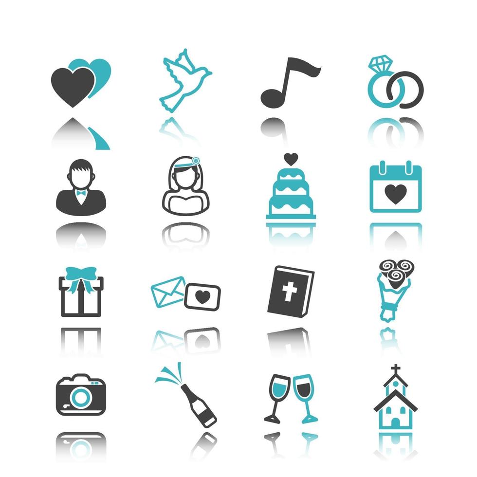 iconos de boda con reflejo vector