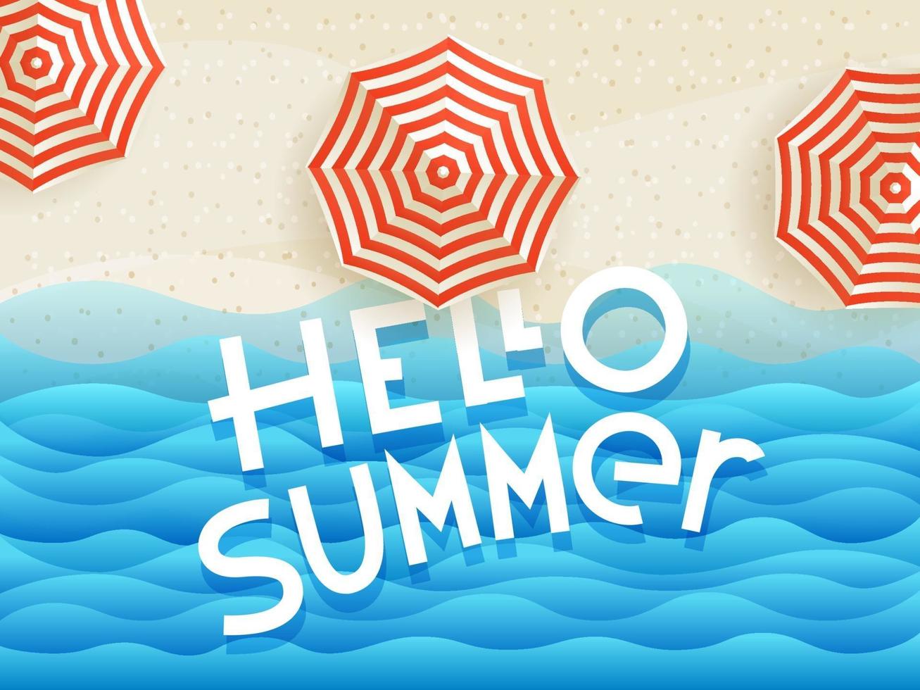 hola verano vector banner con paraguas y logotipo de letras