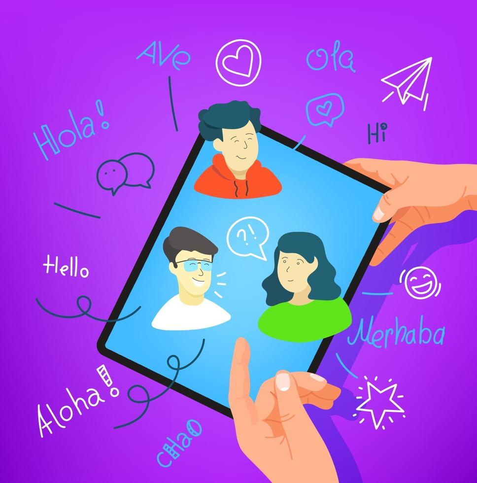 Human gesture using tablet computer. Say hello in different languages vector