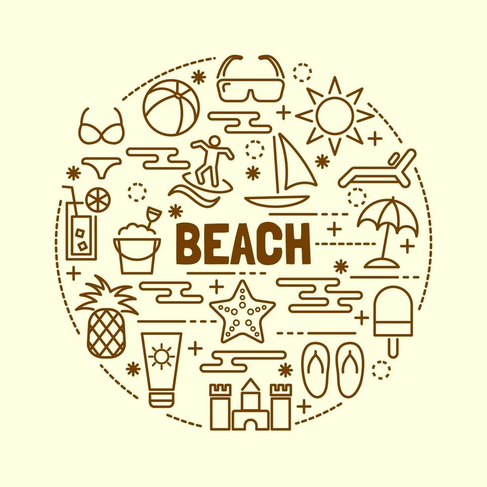 beach minimal thin line icons set vector