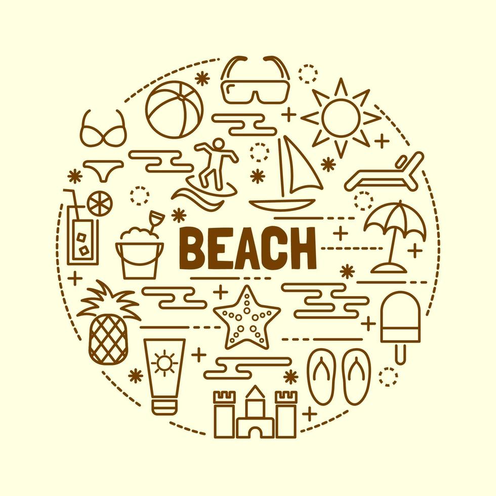 beach minimal thin line icons set vector
