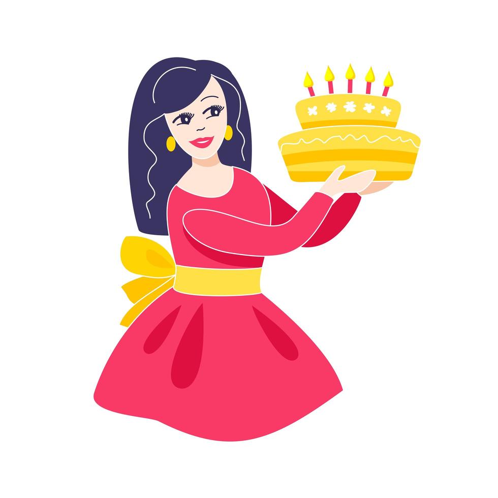 girl holding cake - vector illustration on white background. birthday celebration.