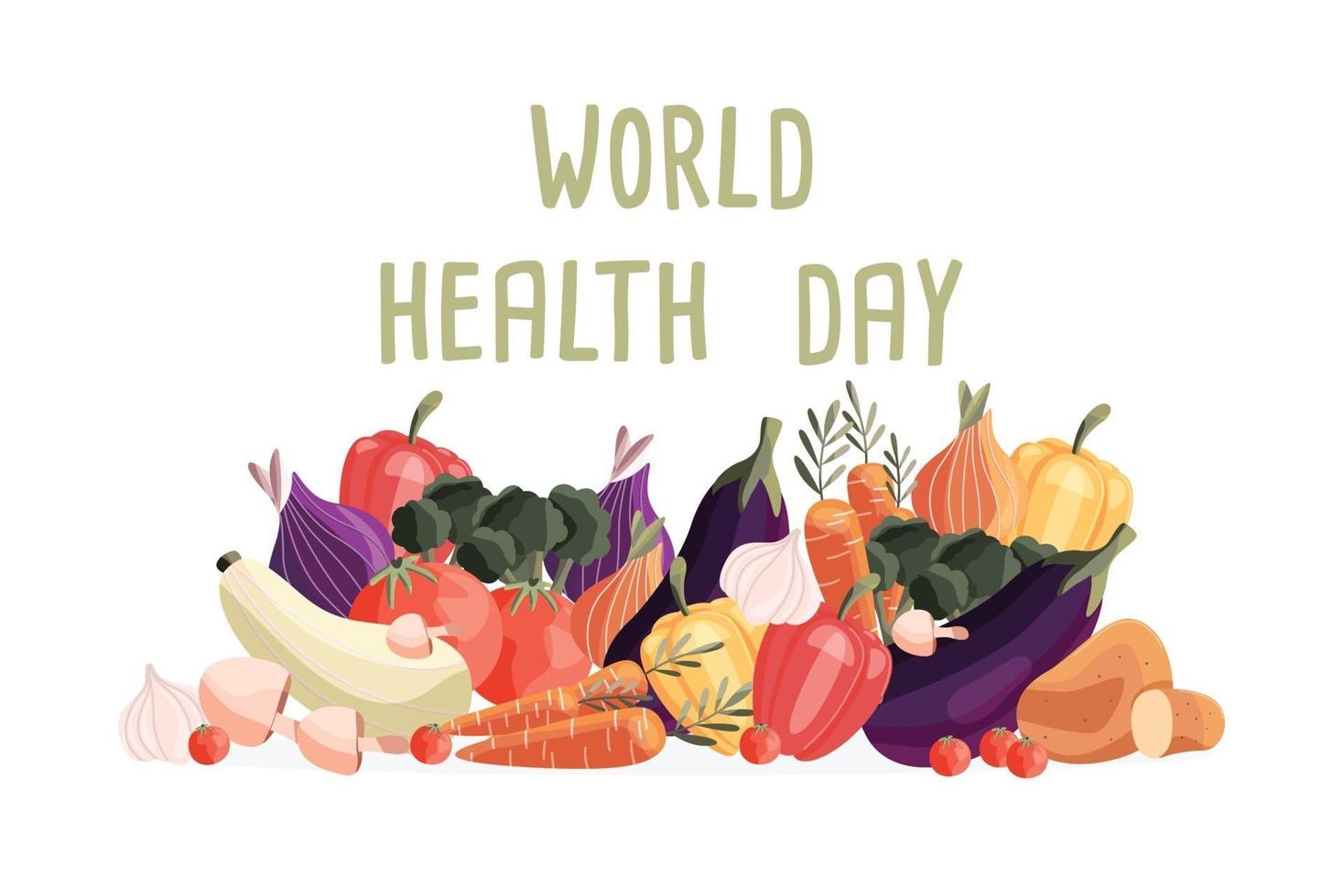 World health day horizontal poster template with collection of fresh organic vegetables. Colorful hand drawn illustration on white background. Vegetarian and vegan food. vector