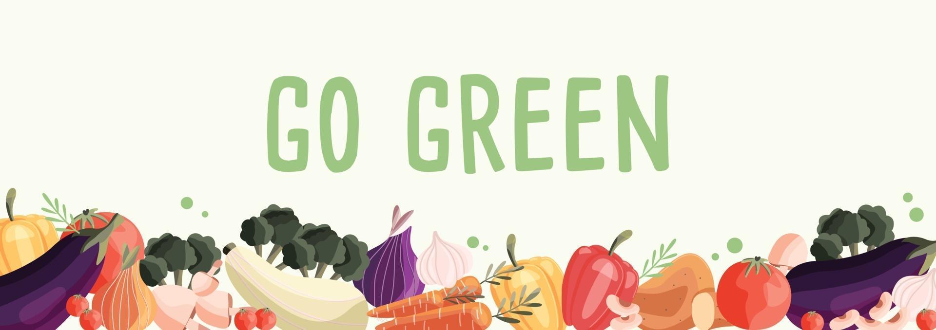 Go green horizontal poster template with collection of fresh organic vegetables. Colorful hand drawn illustration on light green background. Vegetarian and vegan food. vector