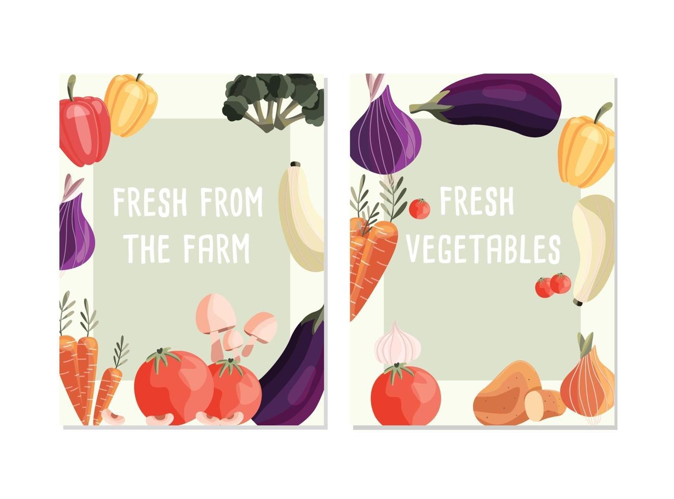 Two vertical poster templates with fresh organic vegetables and place for text. Colorful hand drawn natural food. Vector illustration.