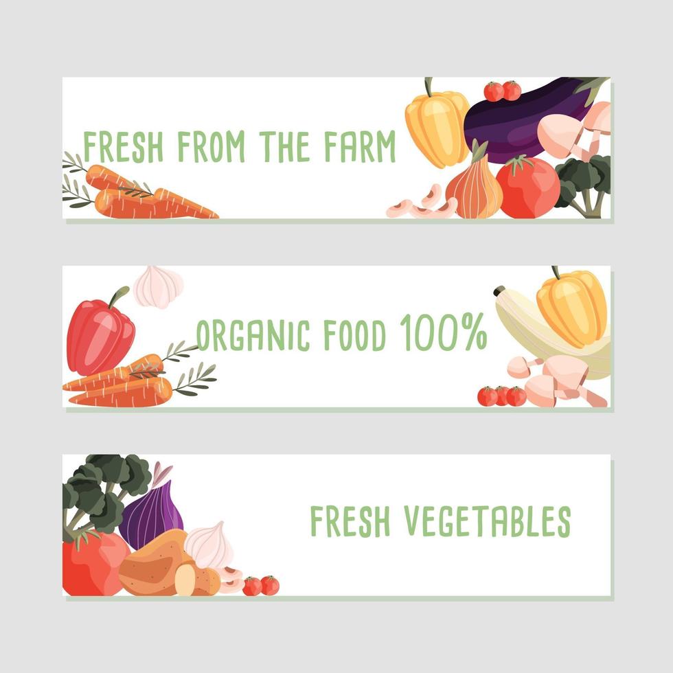 Three horizontal banner templates with fresh organic vegetables and place for text. Colorful hand drawn natural food on white background. Vector illustration.