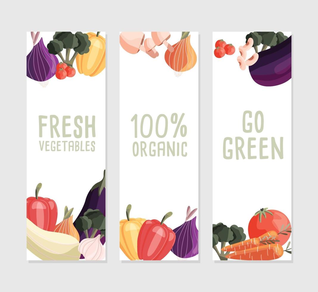 tres plantillas de banner vertical con vegetales orgánicos frescos y lugar para el texto. colorido alimento natural dibujado a mano sobre fondo blanco. ilustración vectorial. vector