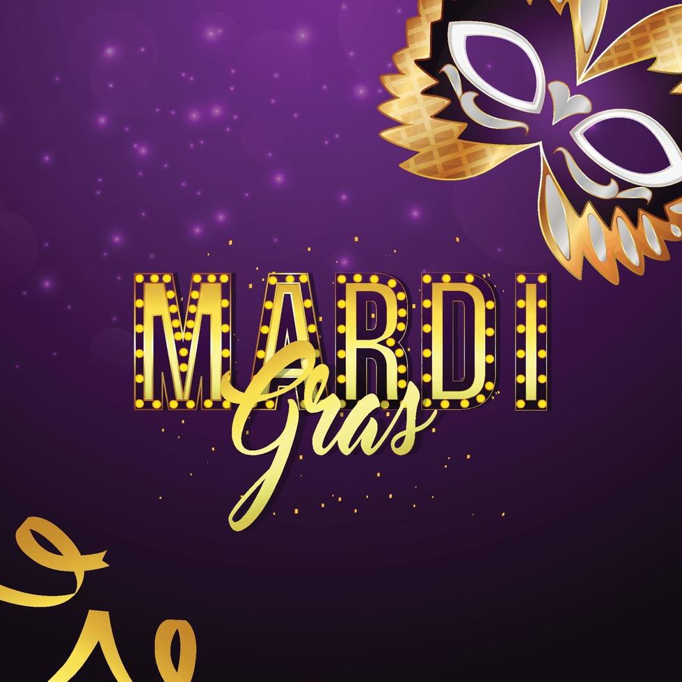 Tarjeta de invitación de Mardi Gras con máscara dorada sobre fondo púrpura vector