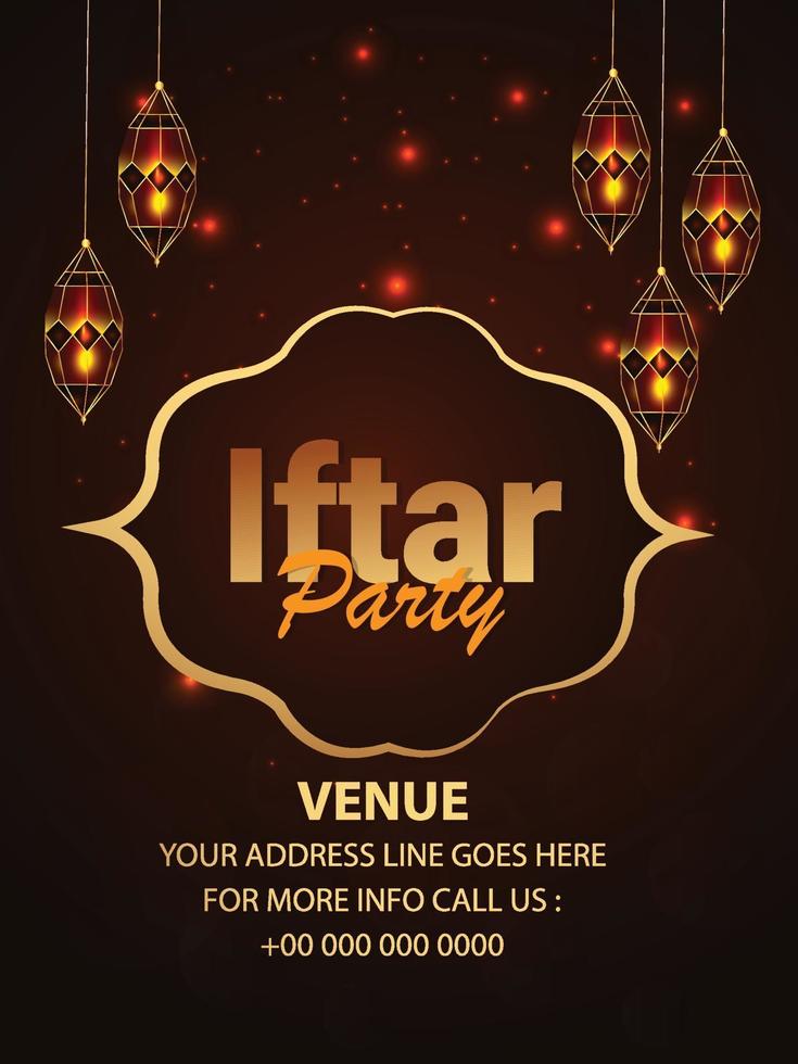 Iftar party flyer celebration with arabic golden lantern vector
