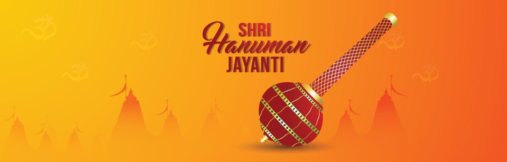 Happy hanuman jayanti celebration banner with lord hanuman weapon vector