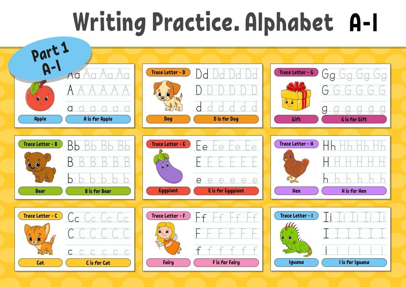 Writing letters. Set tracing page. Practice sheet. Worksheet for kids. Learn alphabet. Cute characters. Vector illustration. Cartoon style.