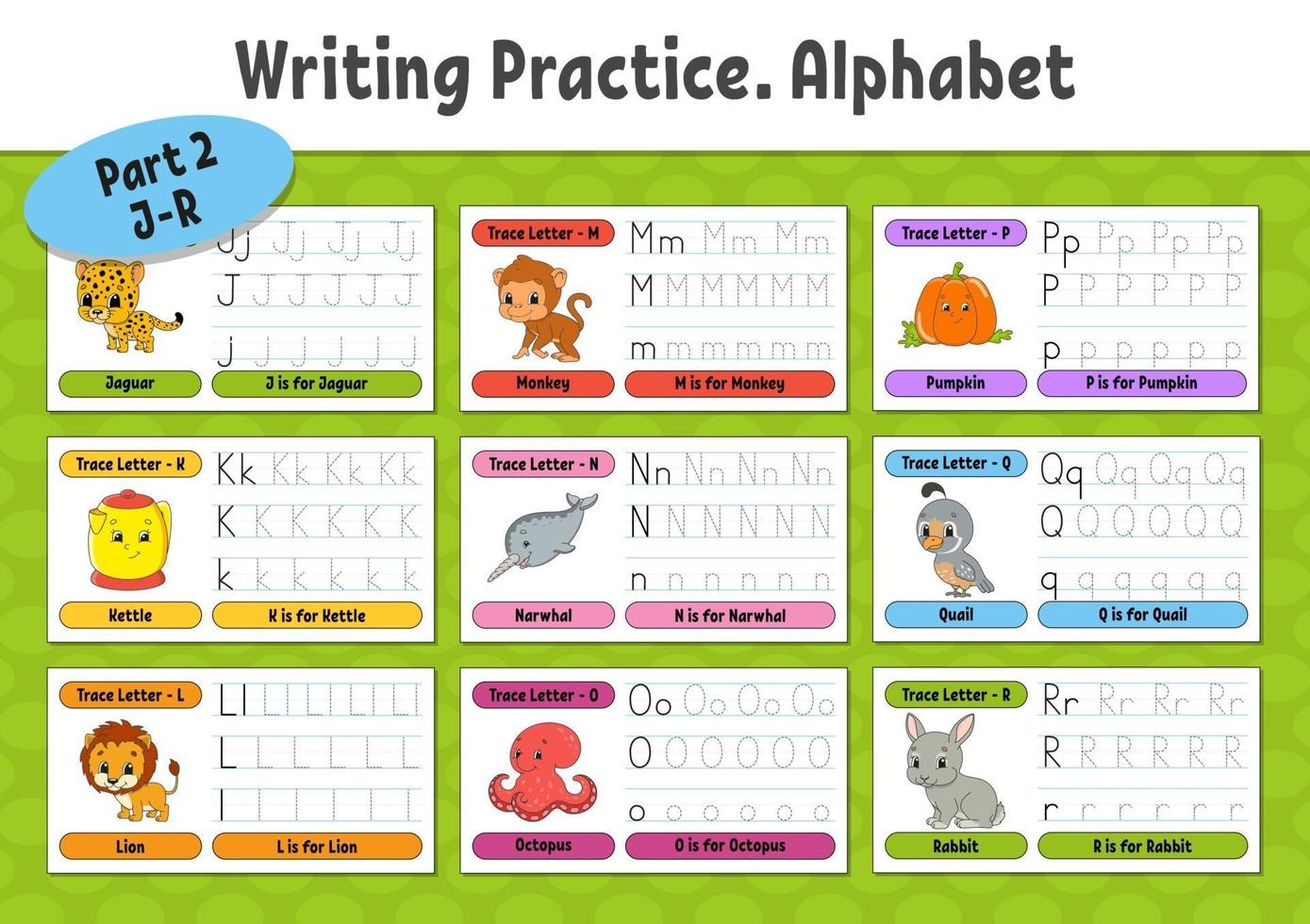 Writing letters. Set tracing page. Practice sheet. Worksheet for kids. Learn alphabet. Cute characters. Vector illustration. Cartoon style.