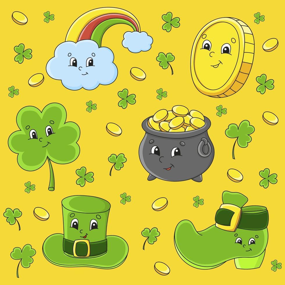 Set of stickers with cute cartoon characters. St. Patrick's Day. Hand drawn. Colorful pack. Vector illustration. Patch badges collection. Label design elements. For daily planner, diary, organizer.