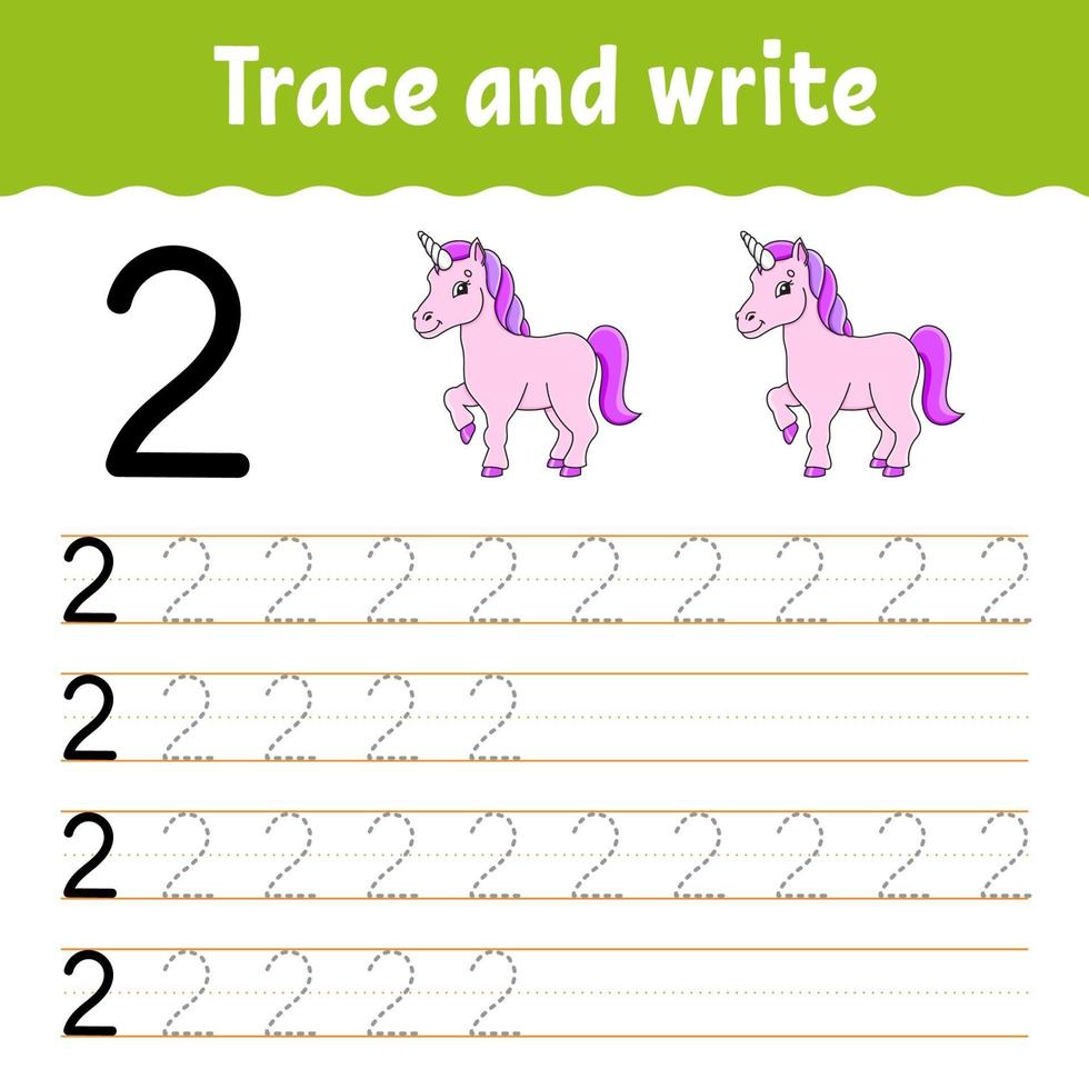Learn Numbers. Trace and write. Handwriting practice. Learning numbers for kids. Education developing worksheet. Color activity page. Isolated vector illustration in cute cartoon style.