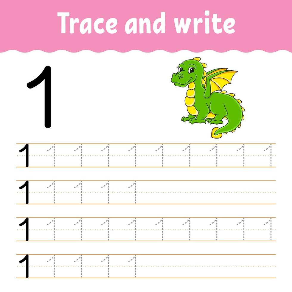 Learn Numbers. Trace and write. Handwriting practice. Learning numbers for kids. Education developing worksheet. Color activity page. Isolated vector illustration in cute cartoon style.
