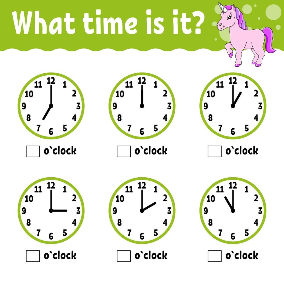 aprender el tiempo en el reloj. hoja de trabajo de actividades educativas para niños y niños pequeños. juego para niños. Ilustración de vector de color aislado plano simple en estilo de dibujos animados lindo.