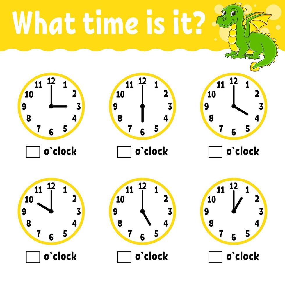 Learning time on the clock. Educational activity worksheet for kids and toddlers. Game for children. Simple flat isolated color vector illustration in cute cartoon style.