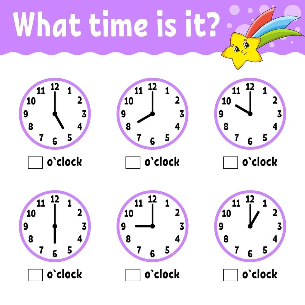 Learning time on the clock. Educational activity worksheet for kids and toddlers. Game for children. Simple flat isolated color vector illustration in cute cartoon style.