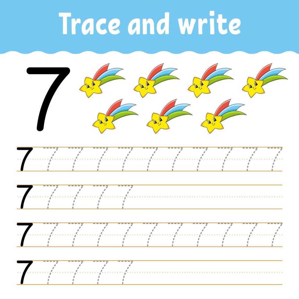 Learn Numbers. Trace and write. Handwriting practice. Learning numbers for kids. Education developing worksheet. Color activity page. Isolated vector illustration in cute cartoon style.