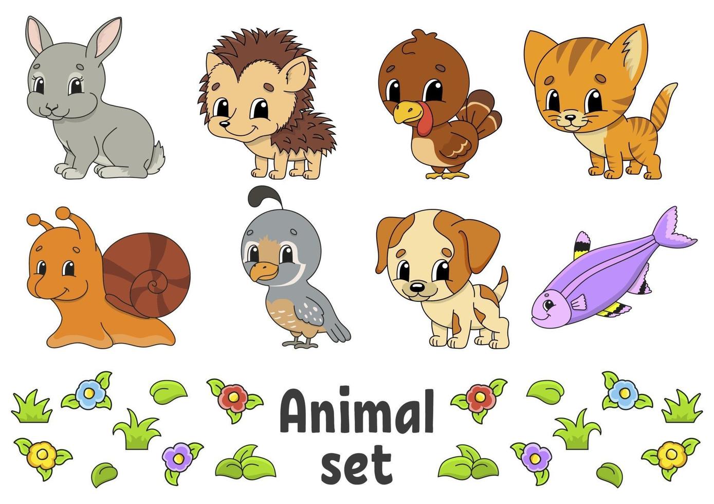 Set of stickers with cute cartoon characters. Animal clipart. Hand drawn. Colorful pack. Vector illustration. Patch badges collection. Label design elements. For daily planner, organizer, diary.