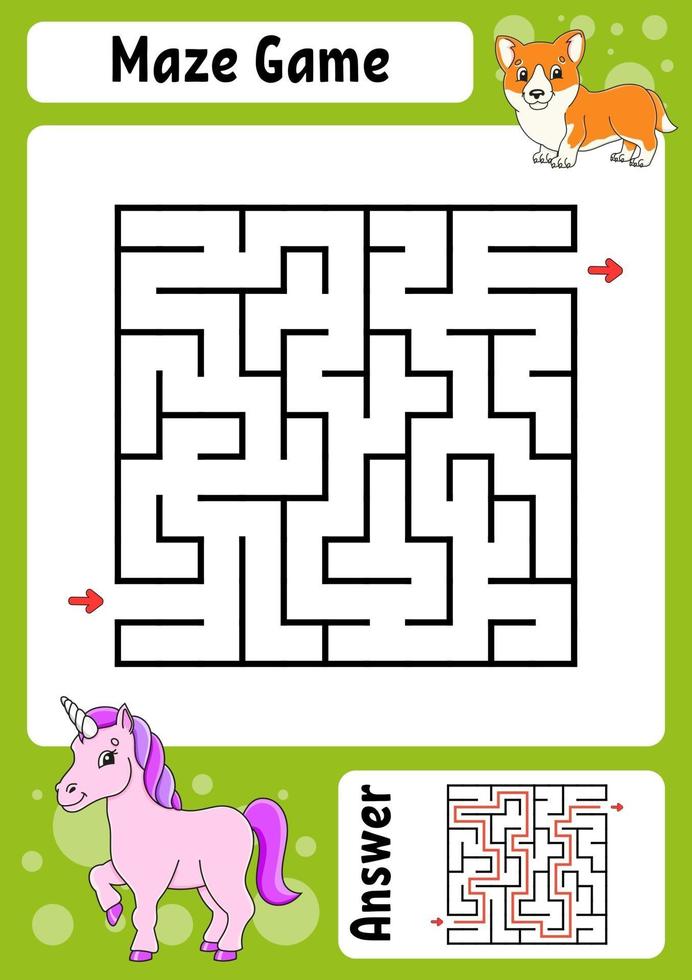Square maze. Game for kids. Funny labyrinth. Education developing worksheet. Activity page. Puzzle for children. Cartoon style. Riddle for preschool. Logical conundrum. Color vector illustration.