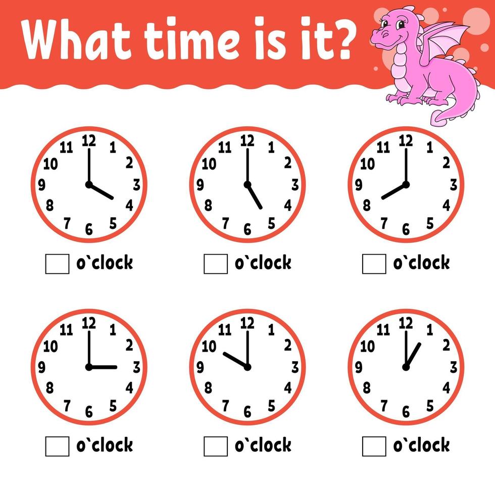 Learning time on the clock. Educational activity worksheet for kids and toddlers. Game for children. Simple flat isolated color vector illustration in cute cartoon style.