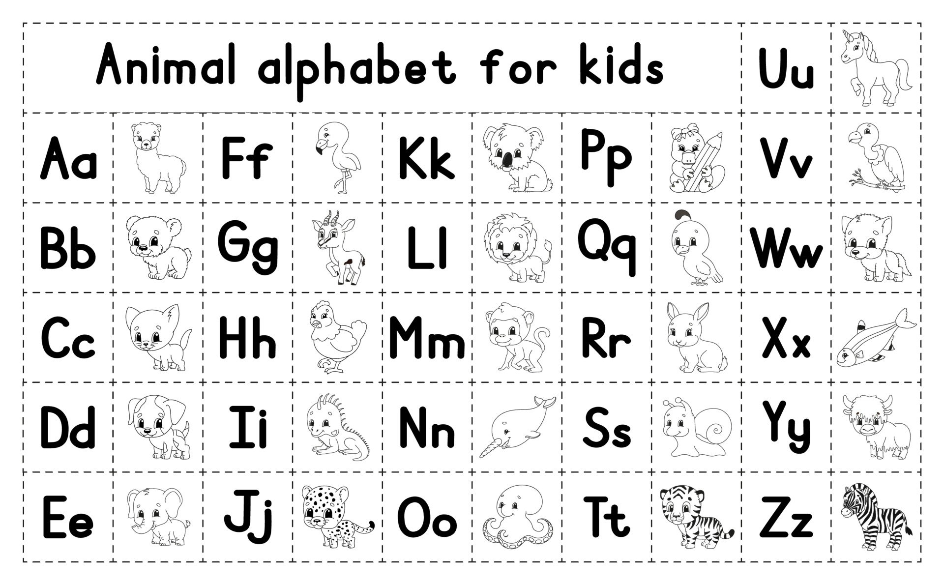 alfabeto inglés con personajes de dibujos animados. página para colorear.  conjunto de vectores. aprender abc. letras minúsculas y mayúsculas. 2236718  Vector en Vecteezy