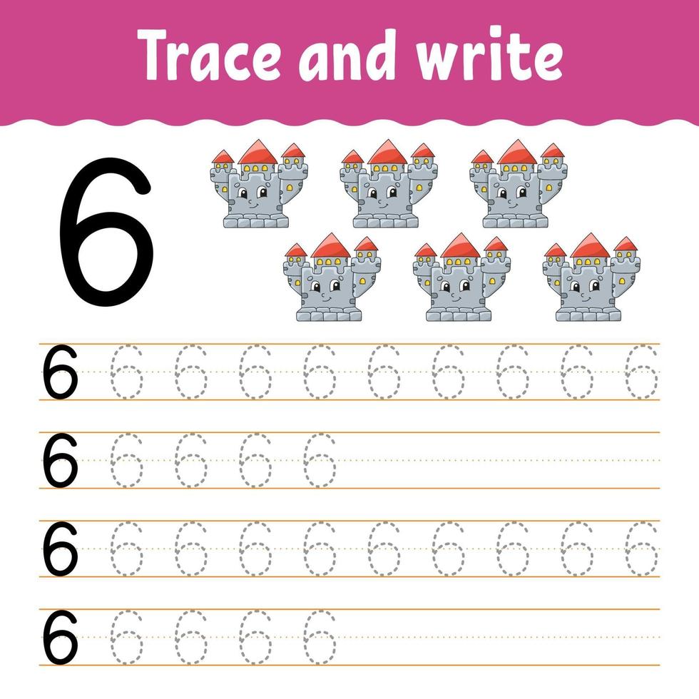 Learn Numbers. Trace and write. Handwriting practice. Learning numbers for kids. Education developing worksheet. Color activity page. Isolated vector illustration in cute cartoon style.