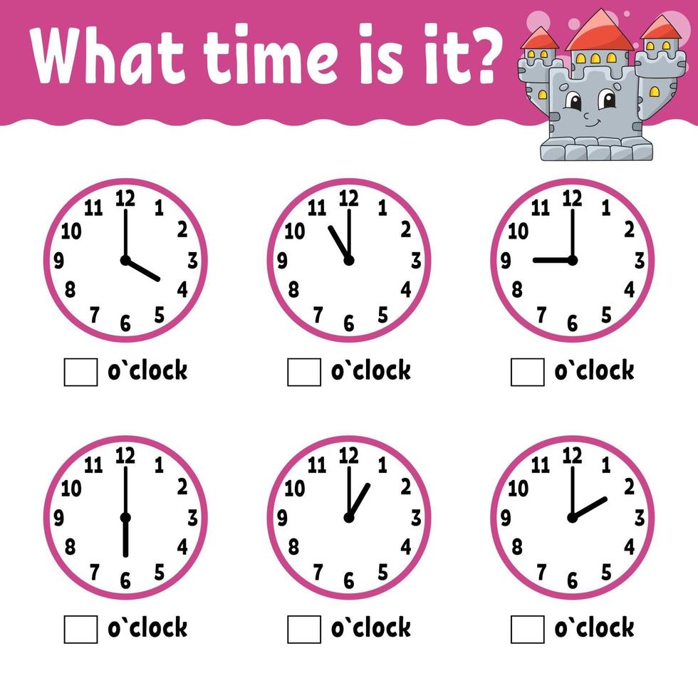 Learning time on the clock. Educational activity worksheet for kids and toddlers. Game for children. Simple flat isolated color vector illustration in cute cartoon style.