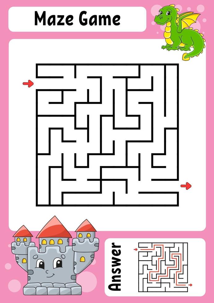 Square maze. Game for kids. Funny labyrinth. Education developing worksheet. Activity page. Puzzle for children. Cartoon style. Riddle for preschool. Logical conundrum. Color vector illustration.