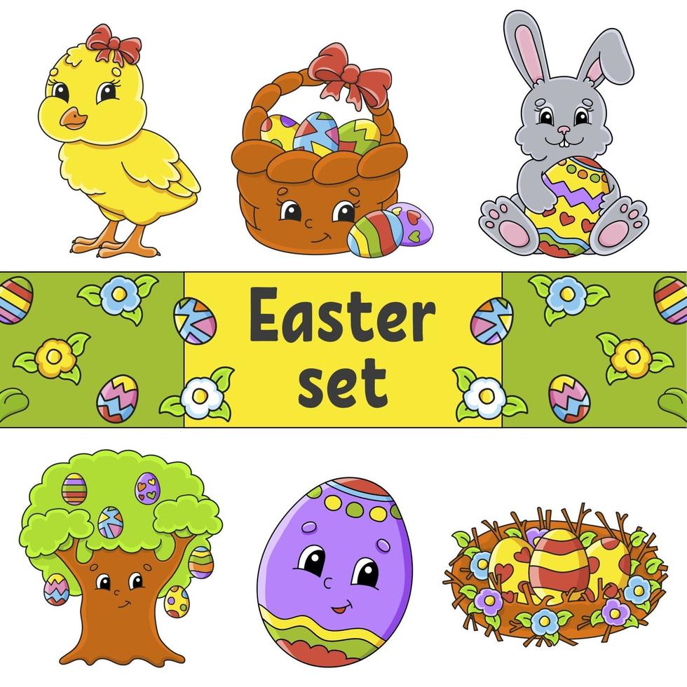 Set of cute cartoon characters. Easter clipart. Hand drawn. Colorful pack. Vector illustration. Patch badges collection. Label design elements. For daily planner, diary, organizer.