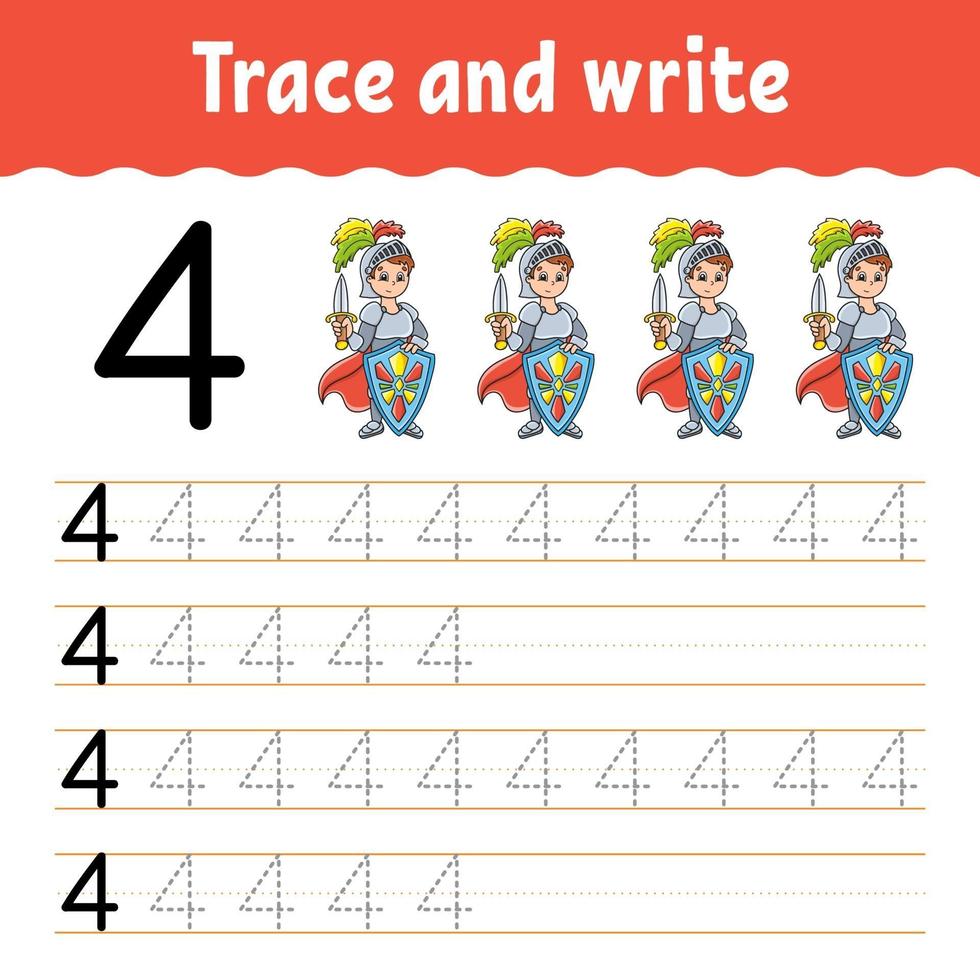 Learn Numbers. Trace and write. Handwriting practice. Learning numbers for kids. Education developing worksheet. Color activity page. Isolated vector illustration in cute cartoon style.